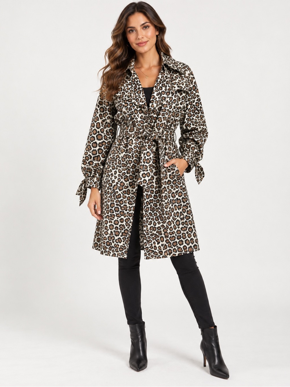 Y2K Dennis Basso Leopard Print Trench Coat Belted Jacket Size M Animal Print